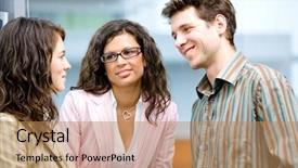  Presentation with people talking - Beautiful presentation featuring happy young business people talking in front of office window smiling friendship backdrop and a coral colored foreground