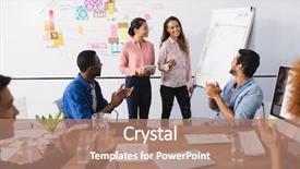  Presentation with young business people - Colorful PPT layouts enhanced with happy young business people working backdrop and a coral colored foreground