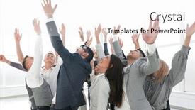  Presentation with new office - Audience pleasing PPT theme consisting of happy-young-business-team-celebrating backdrop and a white colored foreground