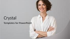  Presentation with happy image - Beautiful PPT theme featuring happy young business woman backdrop and a light gray colored foreground