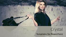  Presentation with fashion handbag - Beautiful PPT theme featuring happy-young-business-woman backdrop and a light gray colored foreground
