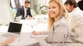  Presentation with assessment center - PPT layouts with happy-young-business-woman background and a  colored foreground