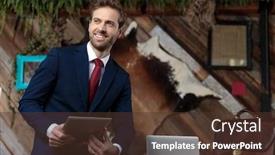  Presentation with tab - PPT theme enhanced with happy-young-businessman-holding-tab background and a tawny brown colored foreground