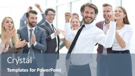  Presentation with team - PPT layouts featuring happy-young-businessman-on-business background and a ocean colored foreground