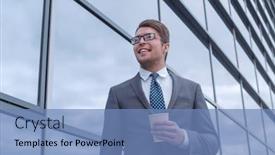  Presentation with tall building - Cool new slides with happy young businessman standing near tall office building backdrop and a teal colored foreground