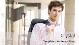  Presentation with front office - Cool new presentation design with happy young businessman standing in front of office building effortless shirt with open collar with jacket on shoulder smiling backdrop and a sky blue colored foreground