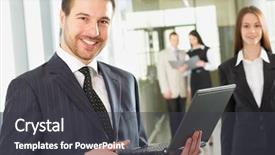  Presentation with laptop - Cool new presentation design with happy young businessman using laptop in business building backdrop and a dark gray colored foreground