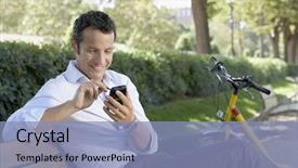  Presentation with how to be happy - Presentation theme featuring happy young businessman using palmtop background and a light blue colored foreground