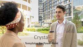  Presentation with urban buildings - Slide set consisting of happy-young-businessman-with-glass background and a coral colored foreground