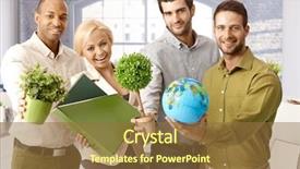  Presentation with green-globe - Colorful slide set enhanced with happy young businesspeople holding backdrop and a tawny brown colored foreground