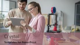  Presentation with ideas - PPT layouts having happy-young-businesswoman-holding-touchpad background and a coral colored foreground