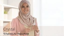  Presentation with front office - Slide deck having happy-young-businesswoman-in-hijab background and a coral colored foreground
