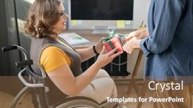  Presentation with happy birthday - Cool new PPT theme with happy-young-businesswoman-in-wheelchair backdrop and a tawny brown colored foreground