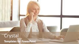  Presentation with consulting - Cool new slide deck with happy young businesswoman sitting by table in front of laptop networking and consulting clients on smartphone backdrop and a coral colored foreground