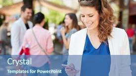  Presentation with happy young student girl holding - Slide set with happy young businesswoman using mobilephone background and a  colored foreground