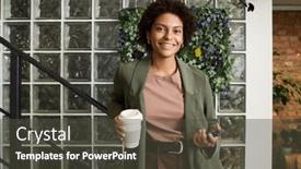  Presentation with coffee cup - PPT theme with happy-young-businesswoman-with-cup background and a dark gray colored foreground