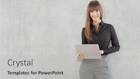  Presentation with cyber stalking computer laptop suffering - PPT layouts consisting of happy-young-businesswoman-with-laptop background and a light gray colored foreground