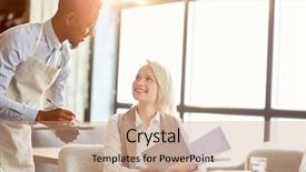  Presentation with order - Presentation theme with happy young businesswoman with menu background and a coral colored foreground