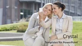  Presentation with self - Amazing presentation theme having happy young businesswomen taking self portrait through mobile phone against office building backdrop and a light gray colored foreground