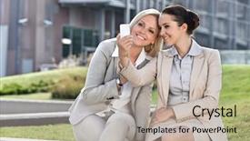  Presentation with self - Slide deck featuring happy young businesswomen taking self portrait through mobile phone against office building background and a mint green colored foreground