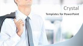  Presentation with shoulder - PPT layouts enhanced with happy young bussinessman with coat on shoulder isolated on white background background and a sky blue colored foreground