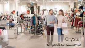  Presentation with mall - Theme enhanced with happy young casual dates carrying paperbags while moving along clothing department during shopping in the mall background and a coral colored foreground