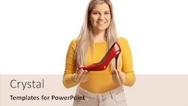  Presentation with shoe - Presentation theme having happy-young-casual-female-holding background and a gold colored foreground