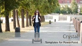  Presentation with green moving - Beautiful presentation theme featuring happy-young-casual-female backdrop and a light gray colored foreground