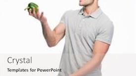  Presentation with juggling - Cool new presentation design with happy young casual man juggling pepper isolated on a white background backdrop and a light gray colored foreground