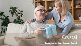  Presentation with father birthday - Audience pleasing presentation theme consisting of happy-young-casual-woman-giving backdrop and a coral colored foreground