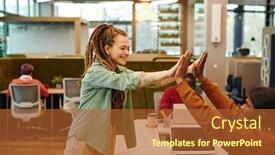  Presentation with front desk - PPT theme featuring happy-young-caucasian-businesswoman background and a red colored foreground