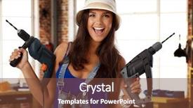  Presentation with drill - Colorful presentation enhanced with happy young caucasian casual woman holding power drill at workshop smiling looking at camera standing backdrop and a tawny brown colored foreground