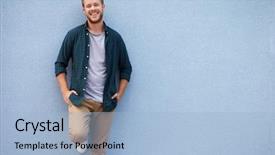  Presentation with wall - Colorful presentation theme enhanced with happy young caucasian man leaning backdrop and a  colored foreground