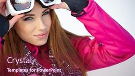  Presentation with ski - Colorful presentation theme enhanced with happy young caucasian woman wearing ski goggles backdrop and a violet colored foreground