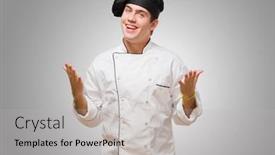  Presentation with chef - Amazing PPT theme having happy-young-chef-gesturing-against backdrop and a light gray colored foreground