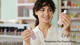  Presentation with products supermarket - Slide deck with happy-young-client background and a  colored foreground