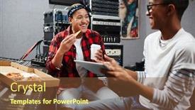  Presentation with coffee talk - Colorful theme enhanced with happy young colleagues having pizza and coffee for lunch and having talk at break in studio backdrop and a tawny brown colored foreground