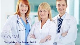  Presentation with coats - Audience pleasing slide set consisting of happy young colleagues in white coats looking at camera backdrop and a sky blue colored foreground