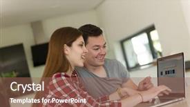  Presentation with villa - Colorful theme enhanced with happy young couple buying online using laptop a computer and a credit card in their luxury home villa backdrop and a violet colored foreground