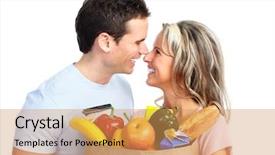  Presentation with young happy couple - PPT layouts consisting of happy young couple carrying shopping bags with food background and a yellow colored foreground