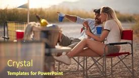  Presentation with happy camper - PPT theme consisting of happy-young-couple-celebrating background and a violet colored foreground