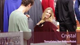  Presentation with young happy couple - Beautiful PPT theme featuring happy-young-couple-choosing-clothes backdrop and a wine colored foreground