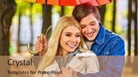  Presentation with under umbrella - Slide deck with happy young couple cudling under umbrella on bench in autumn day love and couple relationships concept and idea background and a coral colored foreground