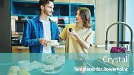  Presentation with kitchen furniture - Beautiful slide set featuring happy-young-couple-drink-tea backdrop and a teal colored foreground