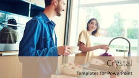  Presentation with kitchen furniture - Audience pleasing PPT layouts consisting of happy-young-couple-drink-tea backdrop and a coral colored foreground