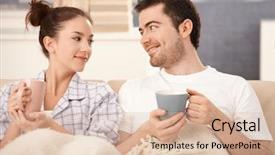  Presentation with young happy couple - Cool new slides with happy young couple drinking tea backdrop and a lemonade colored foreground