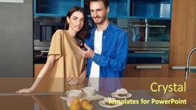  Presentation with kitchen furniture - PPT theme having happy-young-couple-eating-cakes background and a tawny brown colored foreground