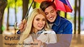  Presentation with under umbrella - Theme having happy young couple embracing under umbrella in autumn day care and tenderness of lovers love and couple relationships concept and idea background and a coral colored foreground