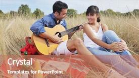  Presentation with young happy couple - Colorful PPT theme enhanced with happy young couple enjoying picnic on the countryside in the field and have good time backdrop and a coral colored foreground