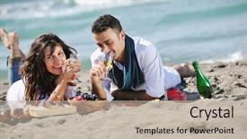  Presentation with summer time - PPT theme consisting of happy young couple enjoying picnic on the beach and have good time on summer vacations background and a mint green colored foreground